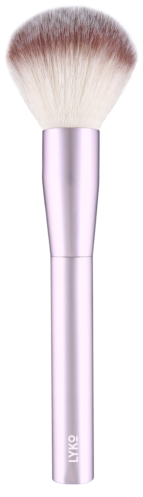 En makeupborste med en vit handtag och mjuka borst som tonar från rosa till vitt vid spetsarna.