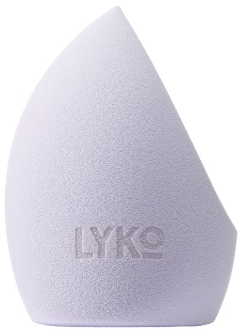A white oval-shaped beauty sponge with the brand name LYKO embossed on it.