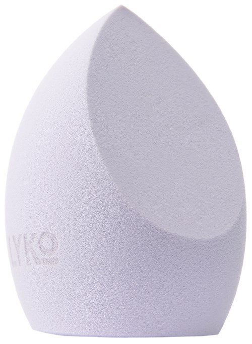 A white, teardrop-shaped makeup sponge with a pointed tip and rounded base.