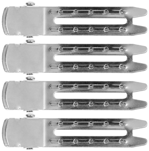 Four metal hair clips with small teeth and adjustable loops, stacked vertically.