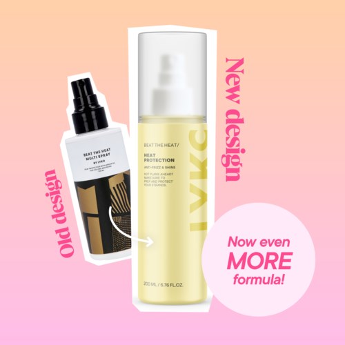 Two bottles of skincare products, one labeled 'Old design' and the other 'New design' with pink text, promoting a formula upgrade.