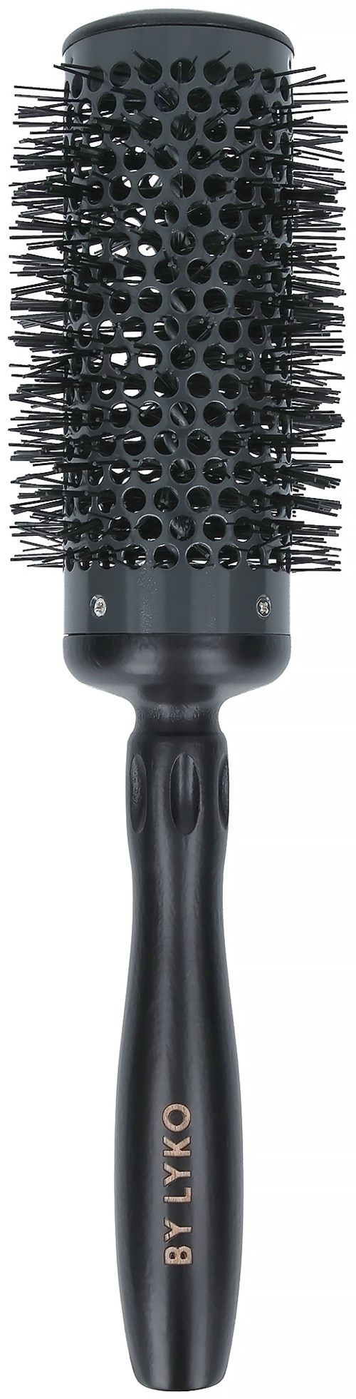 Eine schwarze Haarbürste mit runden Löchern und vielen Borsten, für das Styling der Haare.