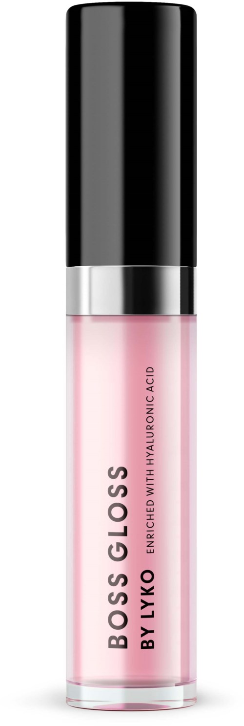 Lippenbalsemtube, roze kleur, zwarte dop, met tekst over hyaluronzuur, glanzend oppervlak.
