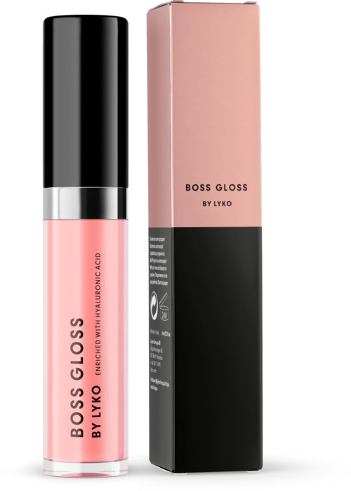 Hellrosa Lippen Gloss-Flasche mit schwarzem und silbernem Deckel, und eine passende pinke und schwarze Verpackung.