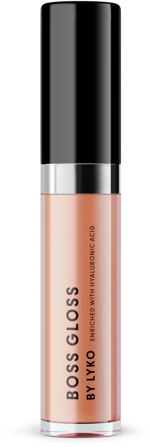 Lippen gloss Flasche mit schwarzem Deckel, klarer Etikett und glänzendem Finish. Enthält natürliche farbigen Glanz mit Hyaluronsäure.