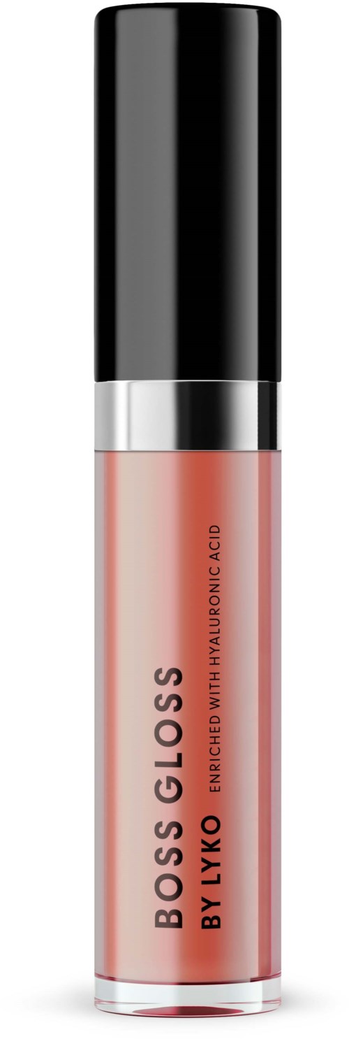 Lipgloss in doorzichtige verpakking met zwarte dop, bevat roze glans, heeft een label met tekst.
