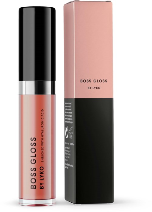 Roze en zwart lipgloss met label 'BOSS GLOSS BY LYKO' op tube en doos.