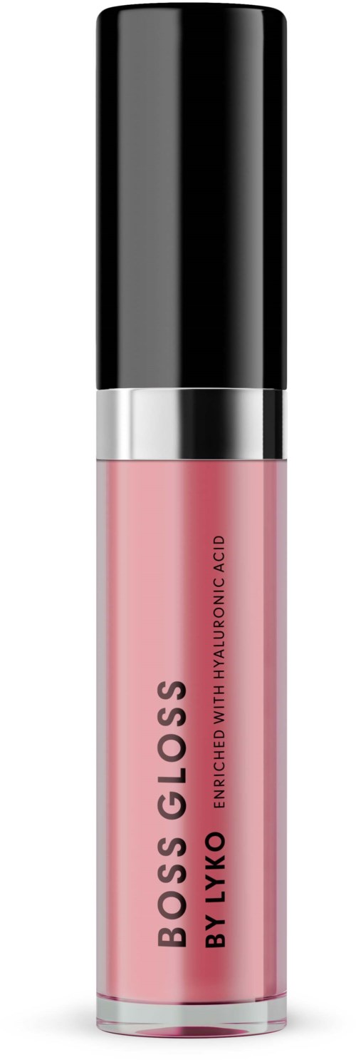 Een roze lipglossbuis met een zwarte dop, gemarkeerd "BOSS GLOSS by LYKO with Hyaluronic Acid."