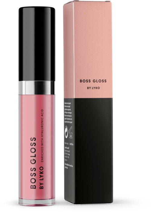 Roze lipgloss in een fles met een zwart en zilveren dop, naast een roze en zwarte doos, gelabeld Boss Gloss.