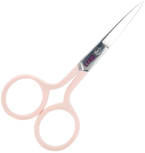 Sterila saxar med rosa handtag och en vass metalldel för att klippa. Det står "LYKE" på den.