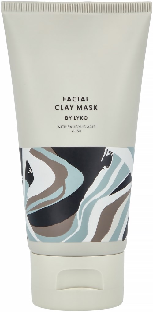 Een tube gezichtsmasker met abstract ontwerp en tekst over ingrediënten en merk.