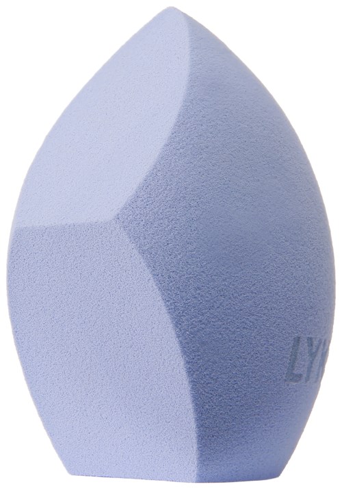 A blue, sponge-like beauty blender with a rounded, teardrop shape and textured surface.