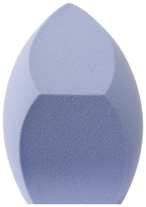 A blue makeup sponge with two compartments, shaped like a teardrop with a pointed top.