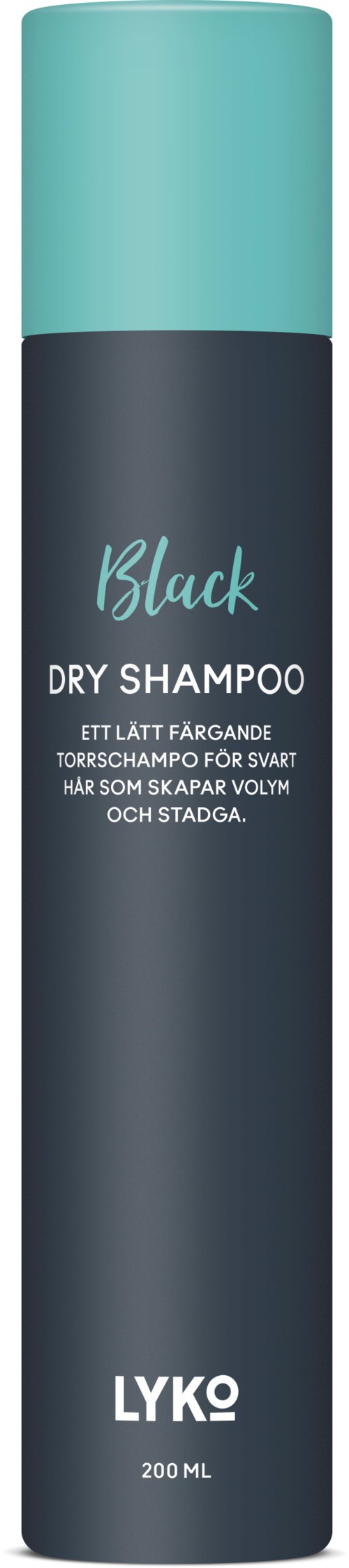 En mörk schampoflaska med ljusblå kork, märkt som Black torrschampo av Lyko, 200 ml.