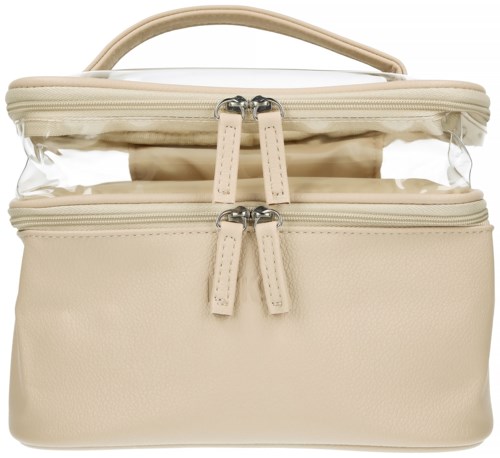 Eine beige Tasche mit zwei Reißverschlussfächern und Tragegriff.