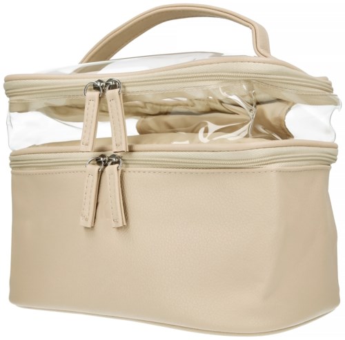 Eine beige Tasche mit zwei Reißverschlussfächern, durchsichtigem Fensterabschnitt und Griff oben.