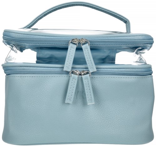 Light blue bag with two zipped compartments, handle on top, and transparent side panels.