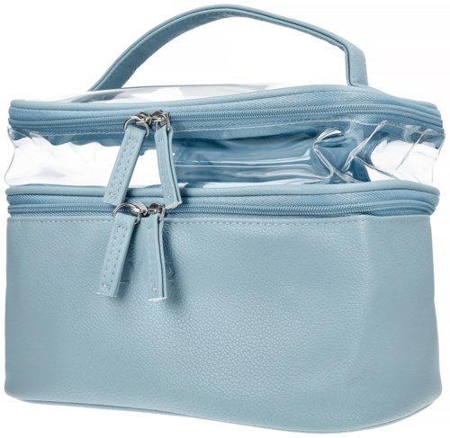 A light blue bag with clear top, multiple zippers, and a handle.