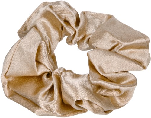 En beige glansig tyg-åsnylare, mjuk och samlad, används för att knyta hår.