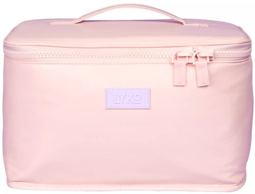 A soft pink bag with a handle and a zipper closure, featuring a small label that says LYKO.