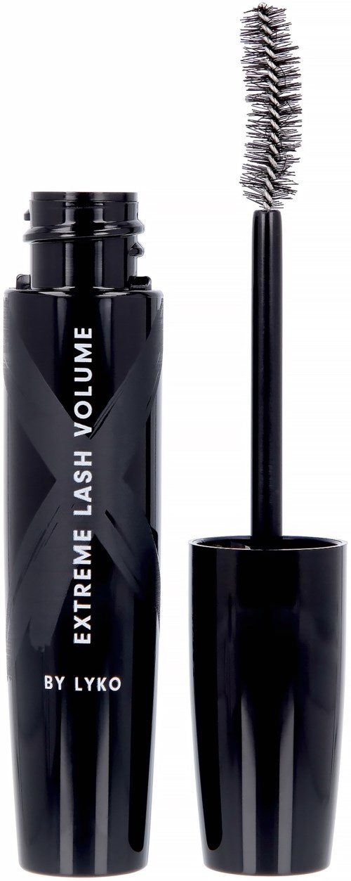 Ein schwarzer Wimperntuschebehälter und eine Bürste mit der Aufschrift "Extreme Lash Volume by Lik".