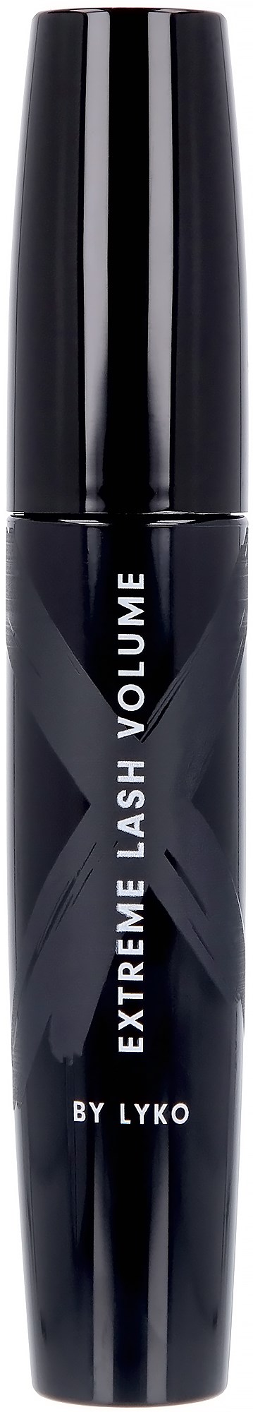 Eine schwarze Mascara-Hülse mit weißem Text, beschriftet "Extreme Lash Volume by Lyko," steht vertikal vor schwarzem Hintergrund.