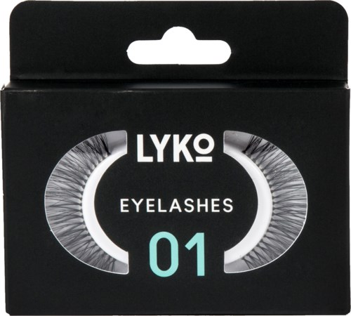 Svart låda med genomskinlig plast som visar fransar och texten "LYKO EYELASHES 01."