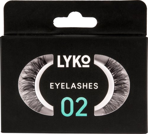 Förpackning för Lyko-märke konstgjorda ögonfransar med svart och vitt design och turkost nr 02.