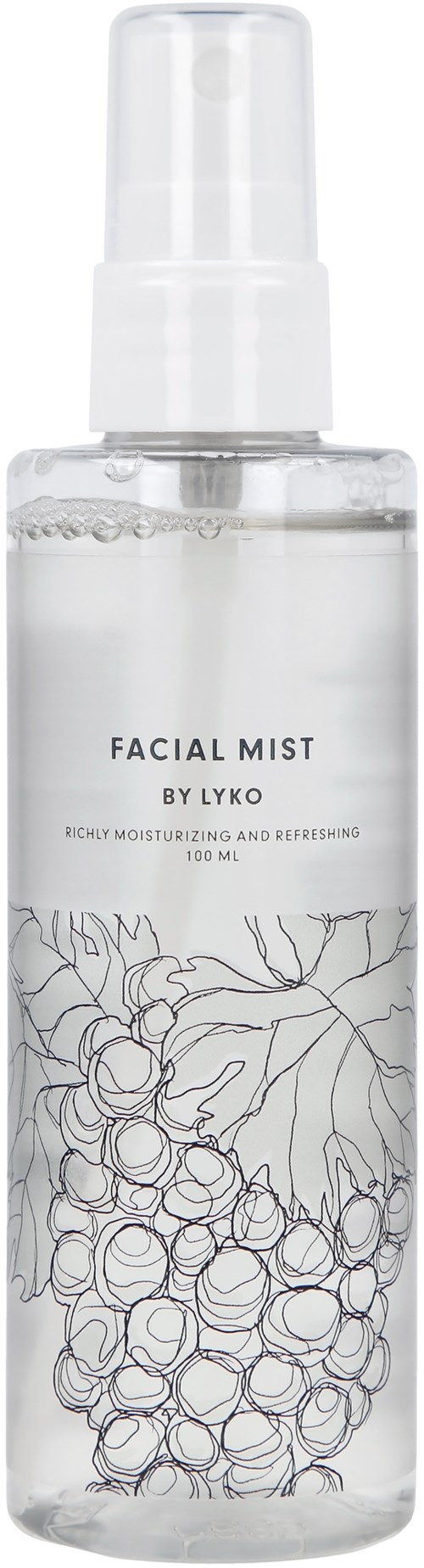 En klar sprayflaska märkt 'Facial Mist by Lyko' med en svartvit druvan illustration.