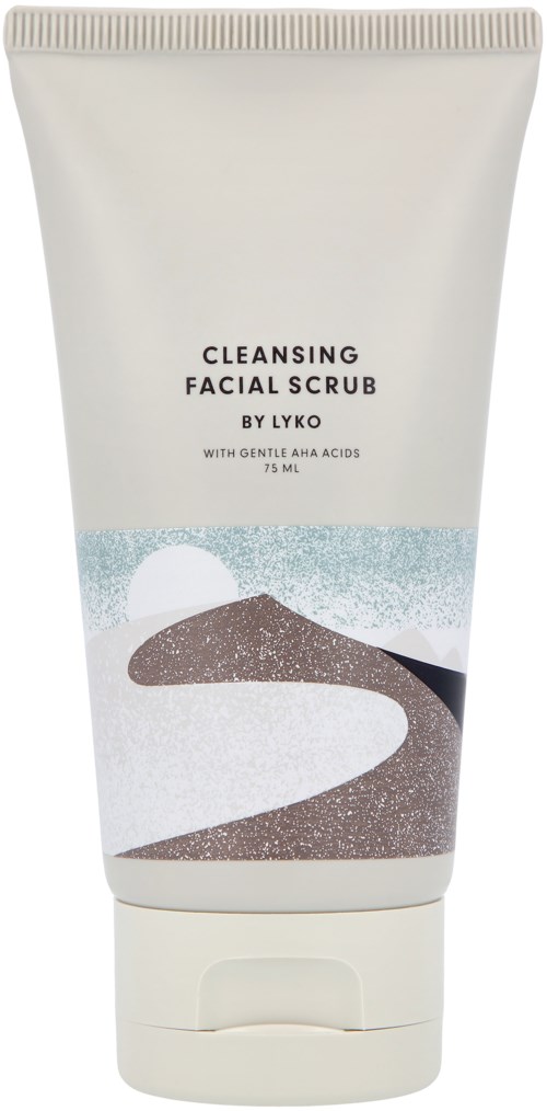 Valkoinen putkilö, jossa lukee 'Cleansing Facial Scrub by Likko' ja kuva vuoresta ja lumesta.