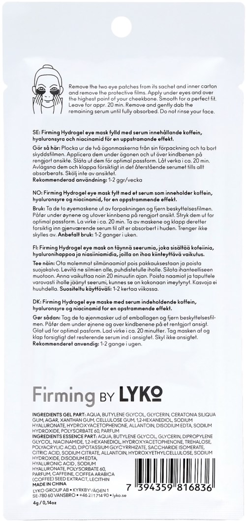 En hudvårdsproduktetikett med instruktioner, ingredienser och streckkod, med titeln "Firming by LYKO."