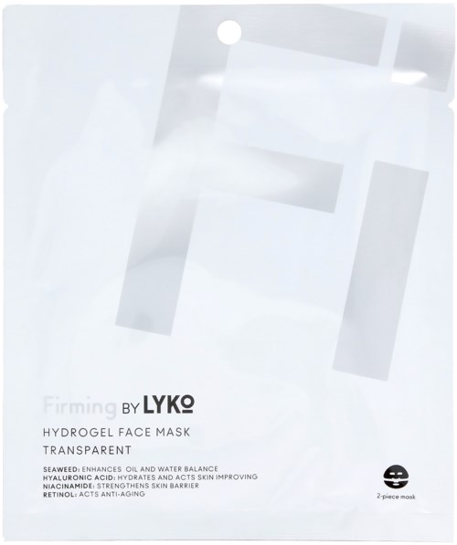 Verpakking van een doorzichtige hydrogel gezichtsmasker met branding en voordelen.