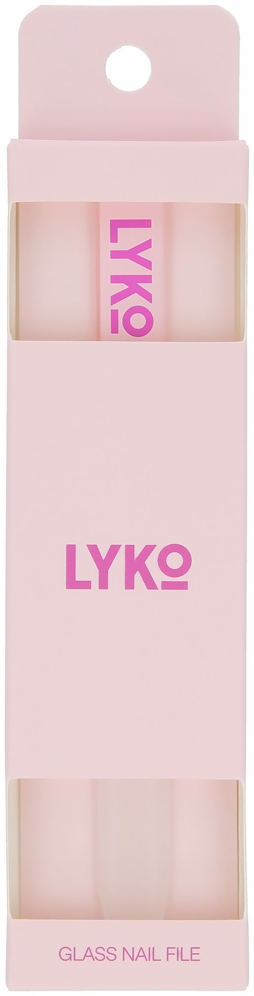 A pink box containing a glass nail file with the brand name LYKO written on it.