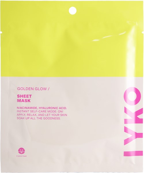 Een sheetmaskerverpakking in geel en roze, aangeduid als een sheetmasker met hyaluronzuur voor hydratatie van de huid.