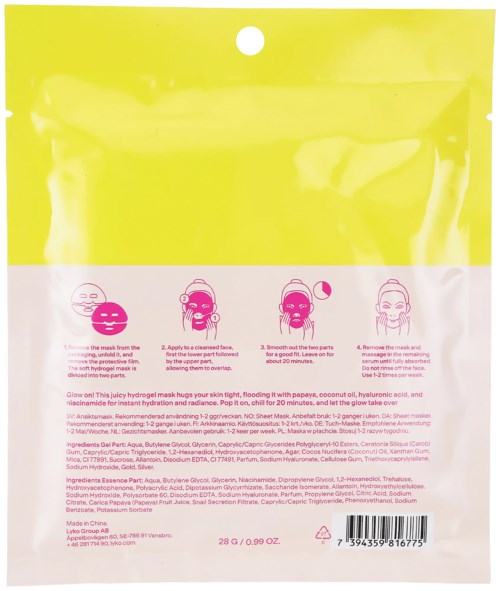 Verpakking met hydrogel voor huidverzorging met instructies en ingrediënten op de achterkant.