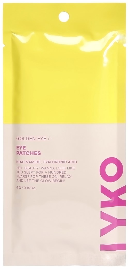 Eine gelbe und weiße Verpackung mit Augenpads, pinken Text und einem kleinen pinken Kreissymbol.