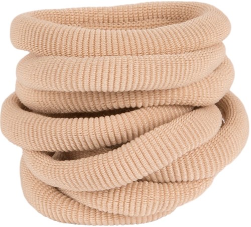 A beige, coiled, fabric hair tie or scrunchie made of fabric with a ribbed texture.
