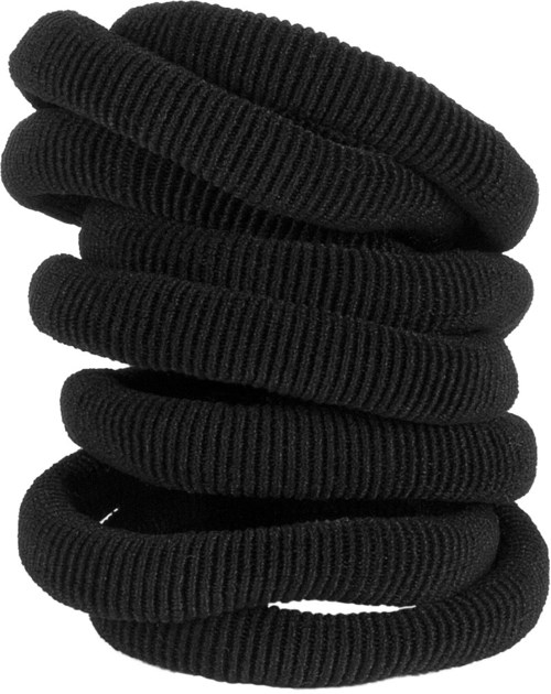 A stack of black, ribbed, elastic hair ties or bands. They are coiled together in a helical shape.