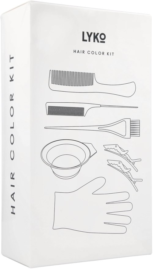 A white box with black text and line drawings of hair dye tools, including combs, a bowl, clips, and gloves.