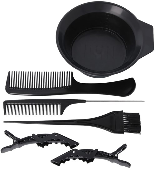A black hair coloring bowl, combs, brushes, and clips for hair styling are shown.