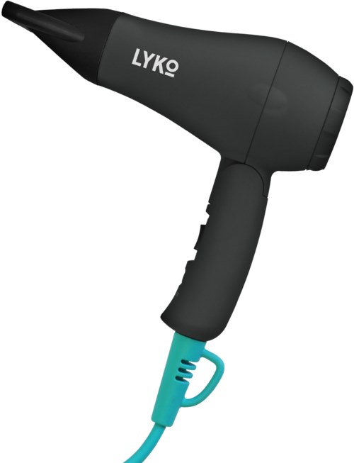 En svart hårfön med handtag, märket LYKO, och en turkos sladd. Enkel, funktionell hårstylingverktyg.
