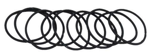 A row of black rubber bands overlapping, arranged in a line on a white background.