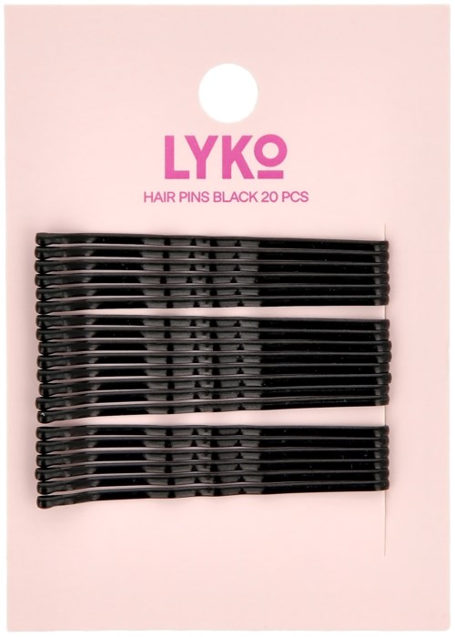 A set of 20 black hair pins on pink packaging with brand name LYKO and description.