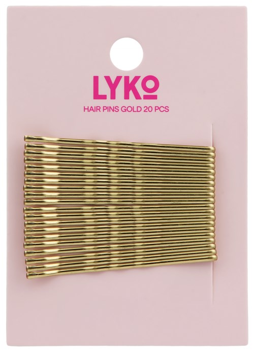 A package of 20 gold-colored hairpins with a pink backing card and brand name LYKO.