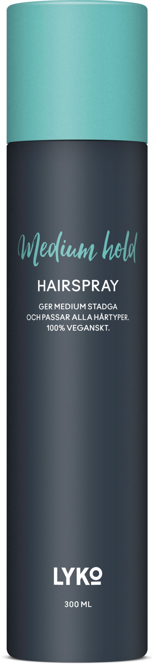 Pitkä, tummanvärinen suihkepullo vaaleansinisellä kannella. Kyltissä lukee "Medium hold" ja "Hairspray".