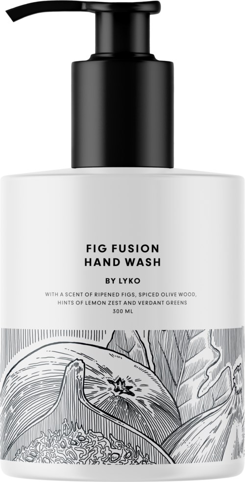En vit handtvålflaska med svart pump, märkt 'Fig Fusion Hand Wash' och med en svartvit fruktillustration.