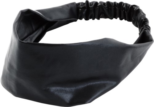En svart, mjuk, rund väska med ett samlat band, ser ut som en clutch eller axelväska.