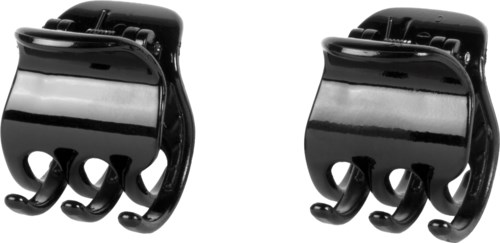 Two black plastic hooks with three curved prongs each, attached to a base, possibly for organization or hanging items.