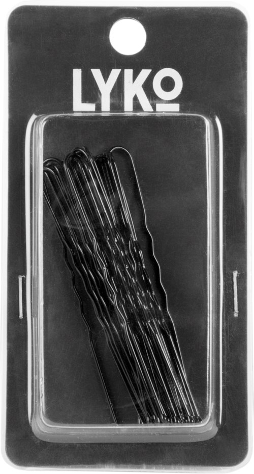 A box of black hairpins from the brand LYKO, packaged in a clear plastic container.