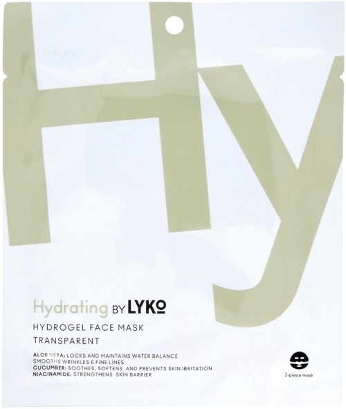 Een doorzichtige hydrogel gezichtsmasker van LYKØ die de huid hydrateert en kalmeert, met aloë vera en komkommer.